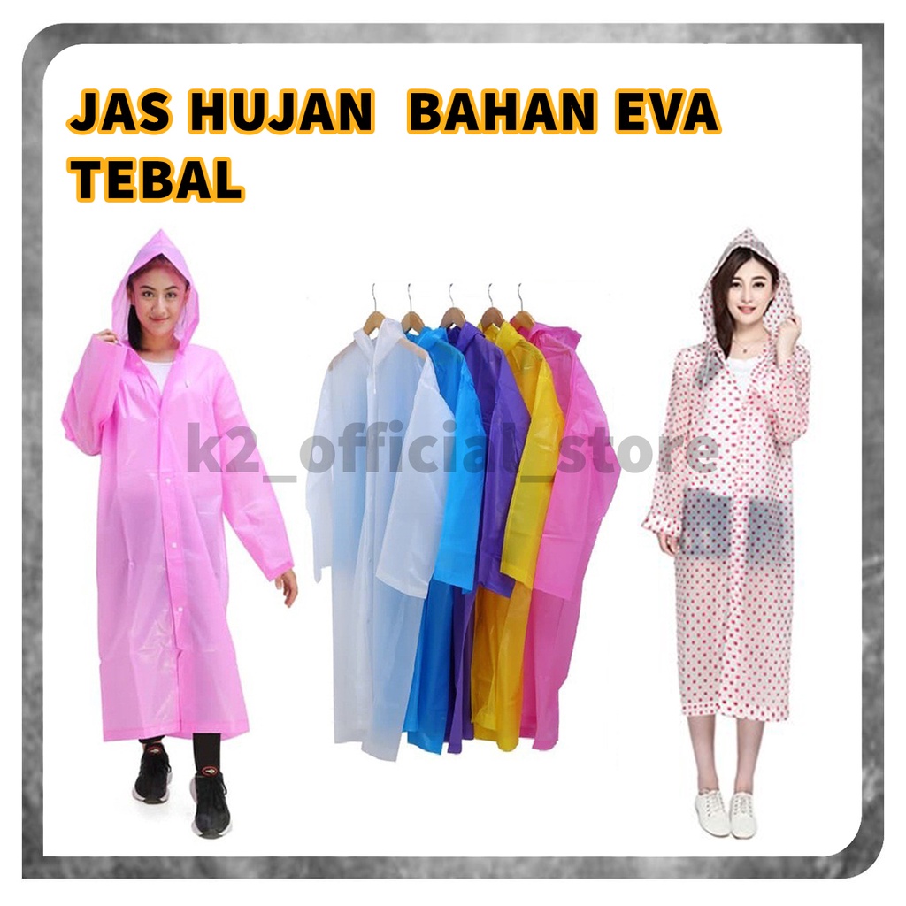 Jas Hujan BAHAN EVA TEBAL Dewasa Model Poncho Waterproof  POLOS / Jubah Terusan Musim Ujan Untuk Motor Anti Basah / Jas Hujan Mantel Korea + Hoodie Semi Transparan Anti Air MOTIF POLKADOT / Raincoat Lightweight Unisex