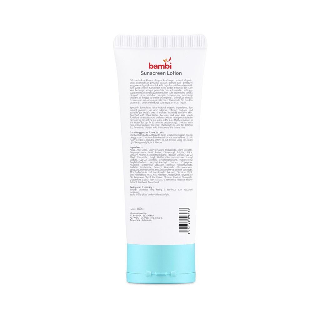 Bambi Baby Sunscreen Lotion 100ml | Lotion Sunscreen Bayi Anak Kulit Normal - Sensitif | SPF 30++ | Sunscreen Bayi Waterproof