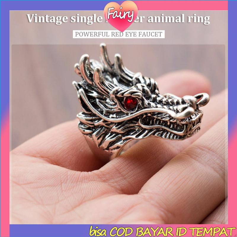 Cincin Desain Ukiran Kepala Naga Bahan Cubic Zirconia Gaya Punk Untuk Pria F