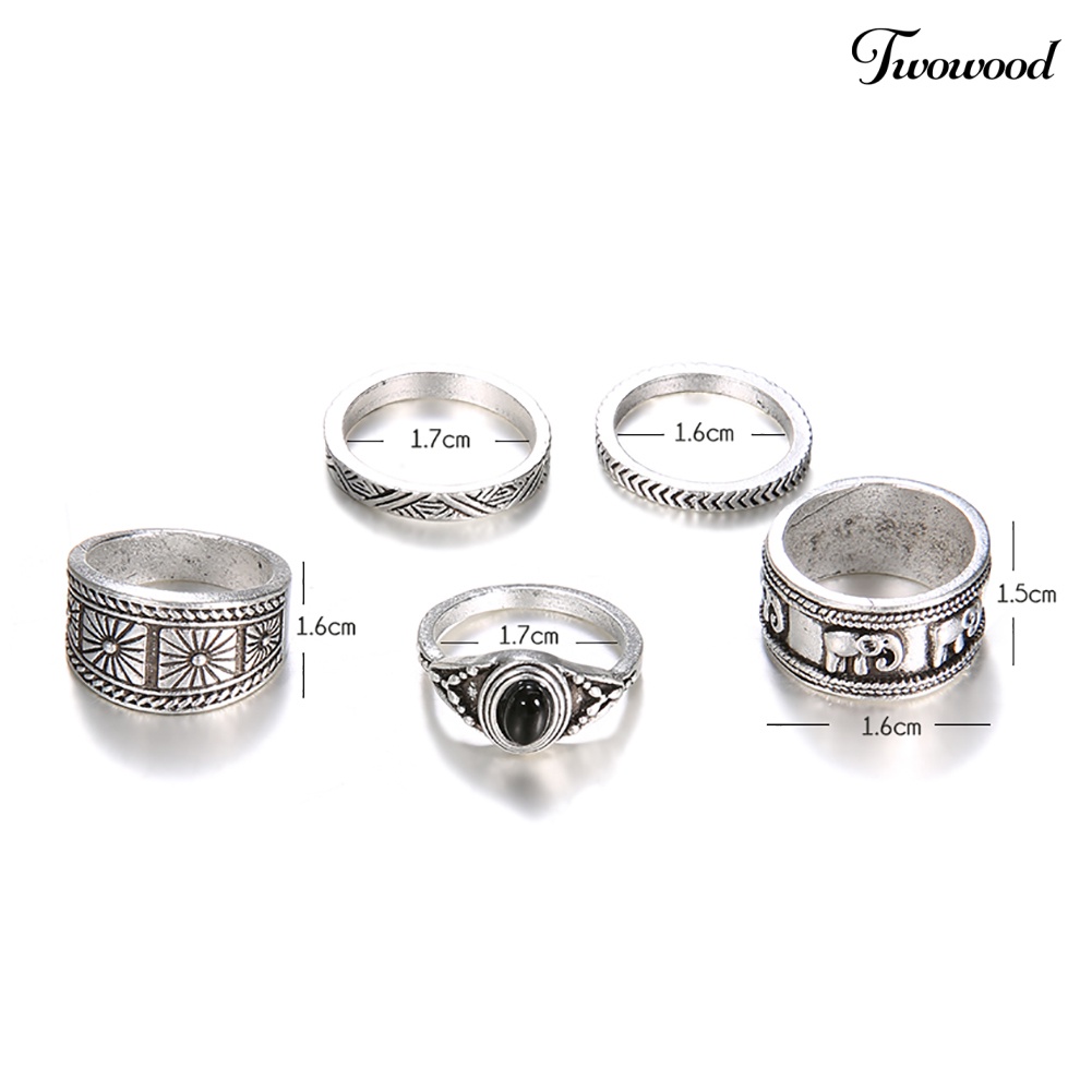 5pcs / Set Cincin Knuckle Bentuk Gajah Ukir Aksen Batu Bulat Gaya Retro Untuk Wanita