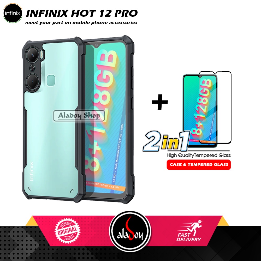 PAKET 2 IN 1 Case Infinix Hot 12 Pro Armor Fusion Transparent Prmium Casing Free Tempered Glass