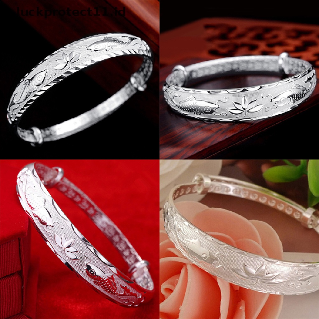 Gelang Bangle Adjustable Desain Ikan Dan Bunga Lotus Warna Silver Untuk Wanita