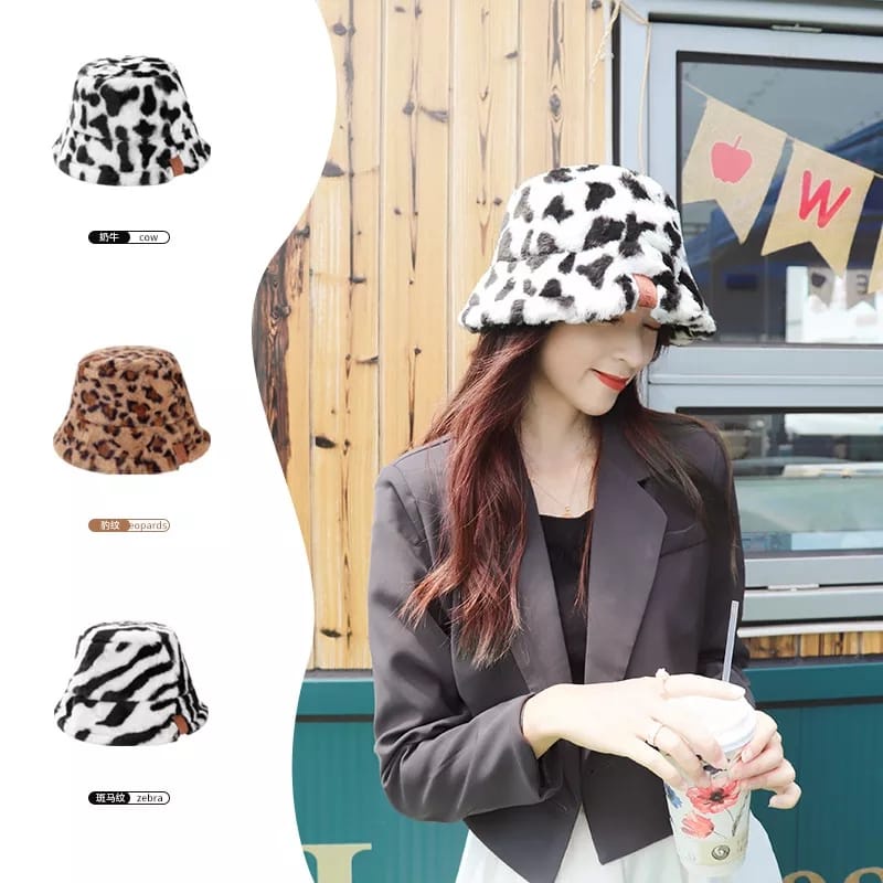 Topi Bucket Wanita Bahan Bulu Motif Lembut/Bucket Motif Animal/Bucket Anak/Dewasa