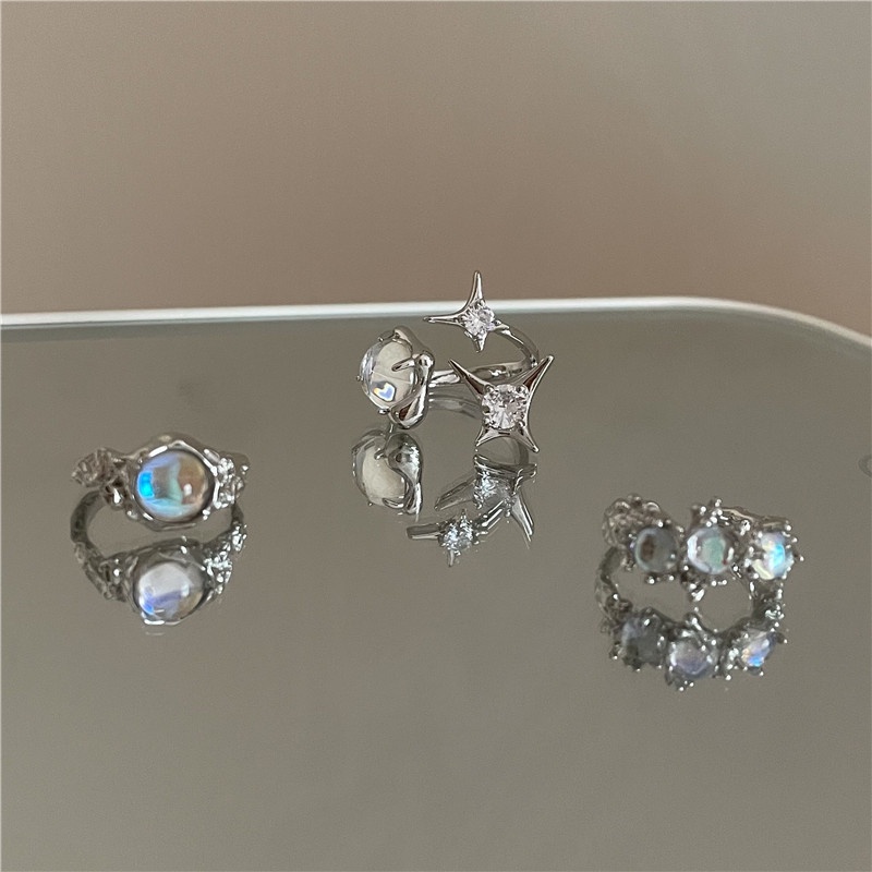 3pcs / Set Cincin Silver Model Terbuka Hias Kristal Opal Untuk Wanita