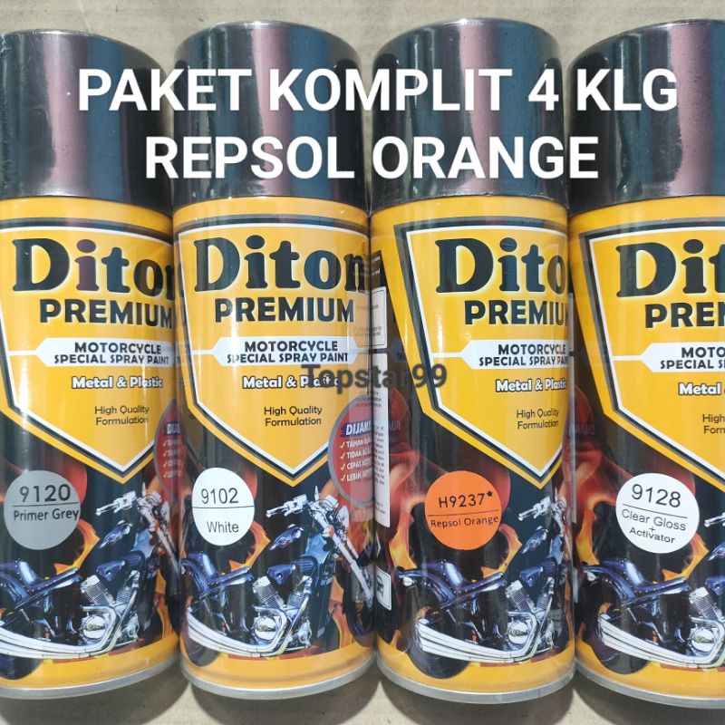 Pilok Cat Diton Premium Paket Komplit 4 Kaleng Repsol Orange Oren 9237 Primer Grey 9120 White 9102 Clear Gloss 9128 400cc Pilox Paketan Cat Semprot Special Spray Paint