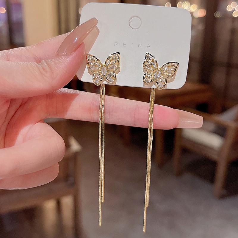 Anting Gantung Panjang Model Kupu-Kupu Dengan Rumbai Bahan Silver 925 Untuk Wanita Butterfly
