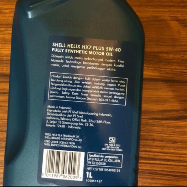 OLI MOTOR SHELL HELIX HX7 PLUS 5W-40 Fully SHYNTHETIC 1000Ml