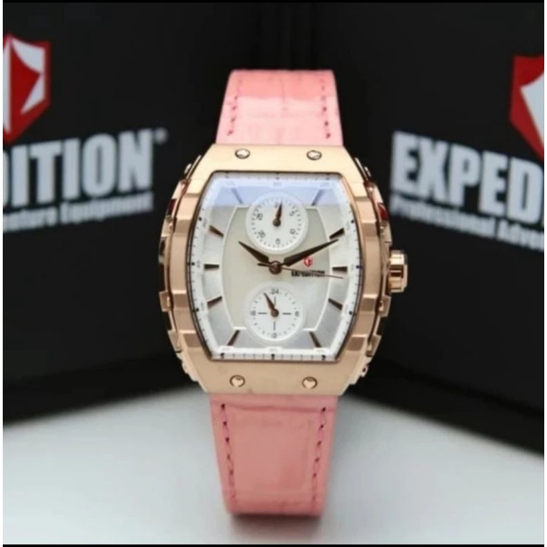 ORIGINAL GARANSI RESMI 1 TAHUN JAM TANGAN WANITA EXPEDITION PINK ROSE GOLD BLACK KULIT STRAP ARLOJI 