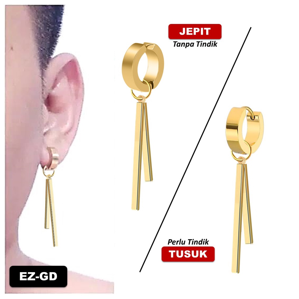 1Pc Model EZ-GD Gold Emas Anting Bandul Tongkat Ganda Double Stick Pria Wanita Jepit Tusuk