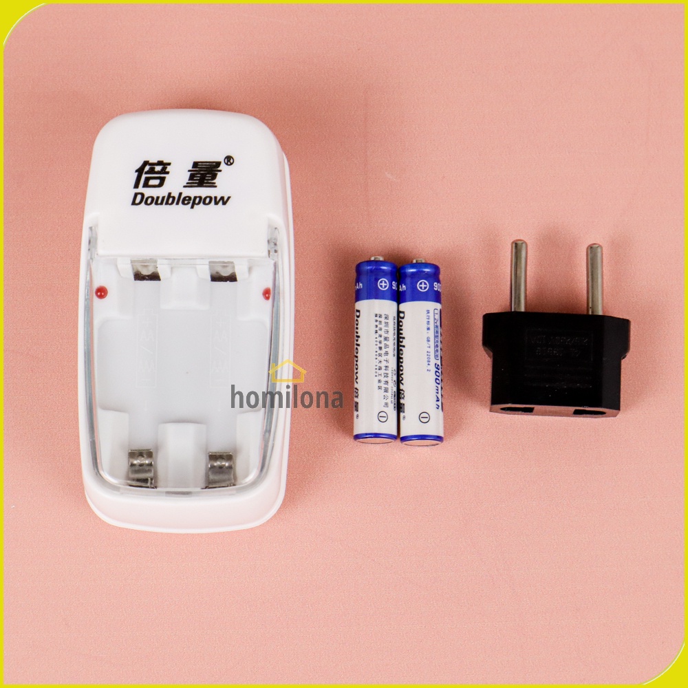 Charger Baterai 2 slot for AA/AAA with 2 PCS AAA Battery Rechargeable NiMH 900mAh DOUBLEPOW DP-B01 White