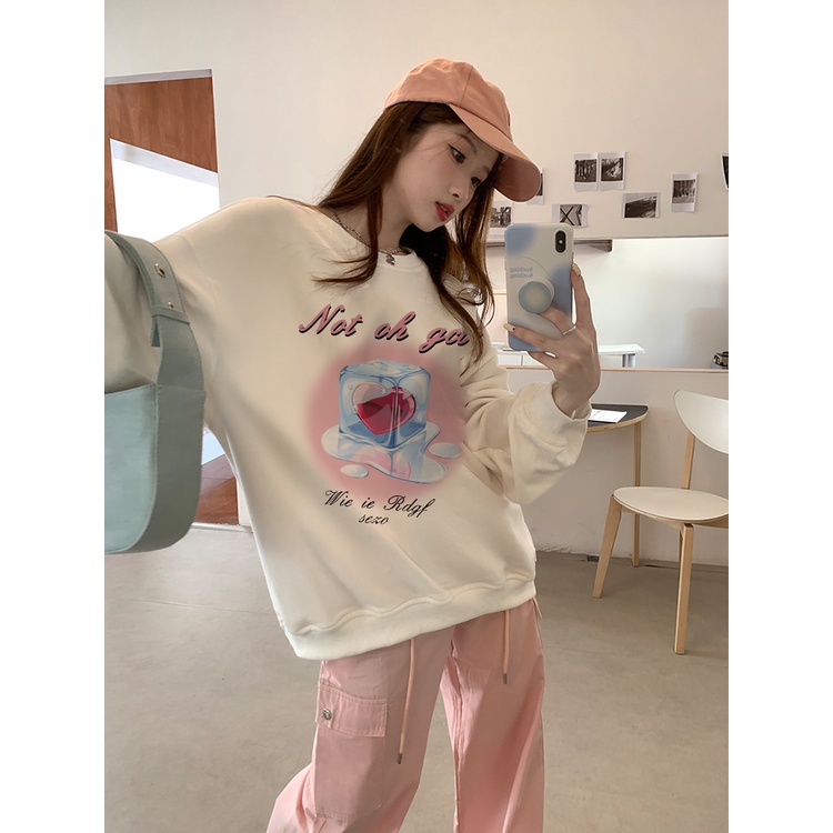 EUNII Sweater Lengan Panjang Love Ice Cubes Korean Style/Hoodie Oversize/Baju Wanita/Switer Wanita