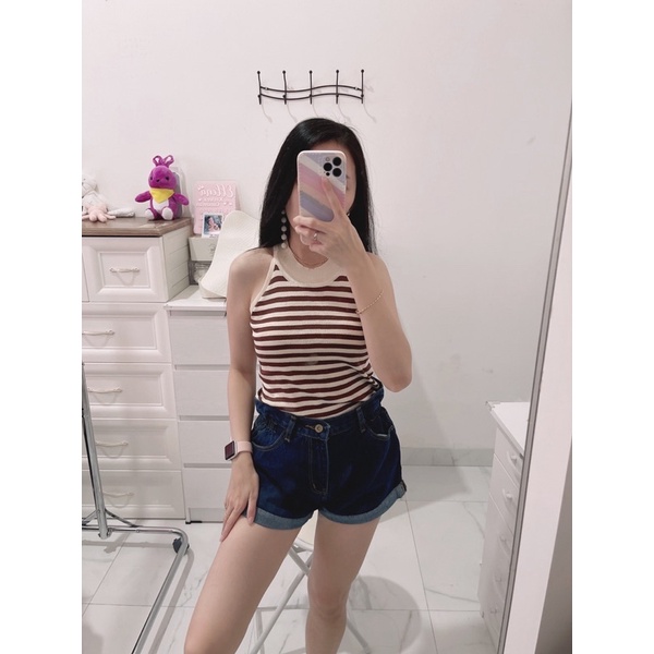 Croptop knit import | croptop rajut leher bulat | atasan crop rajut salur polos | korean fashion import | aquarius boutique89