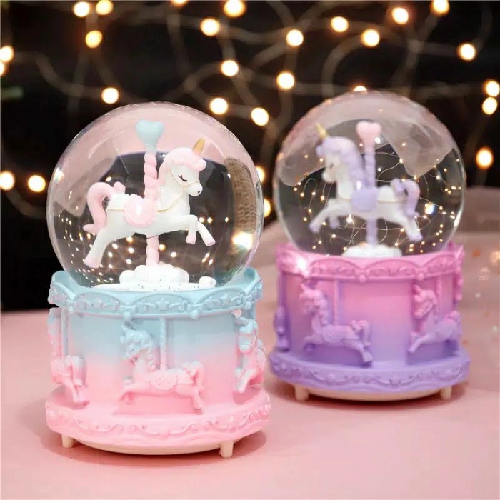 Hiasan Snowball Lampu Bola Kristal Salju Musik Box Carousel Unicorn