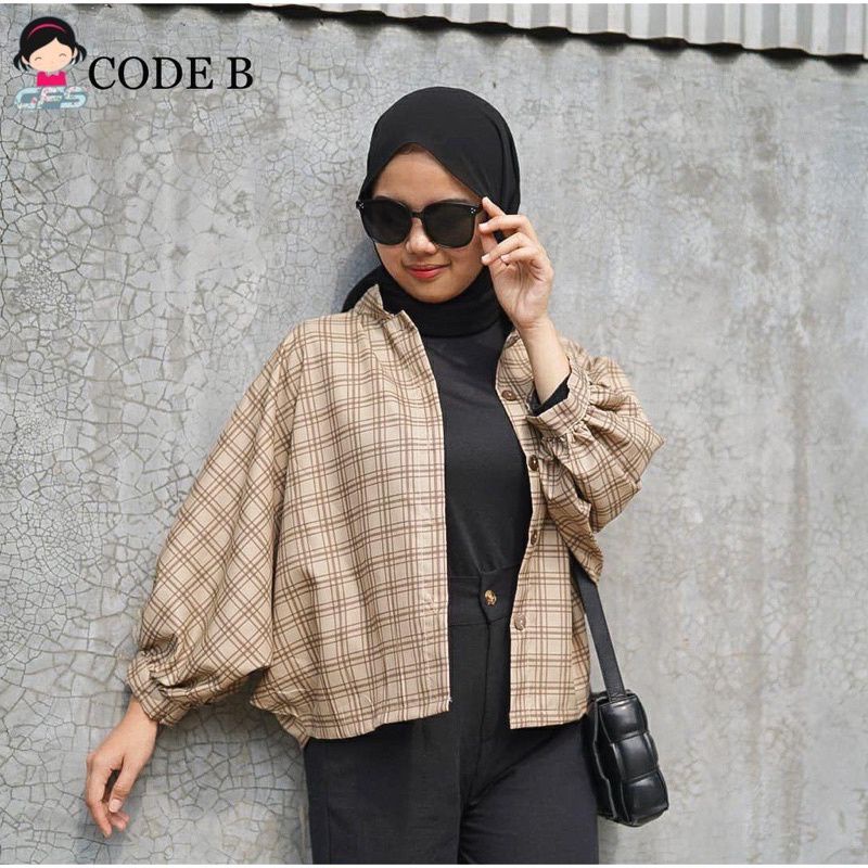 KEMEJA TARTAN WANITA - SINDIE OVERSIZE BATWING WOOD BUTTON SHIRT