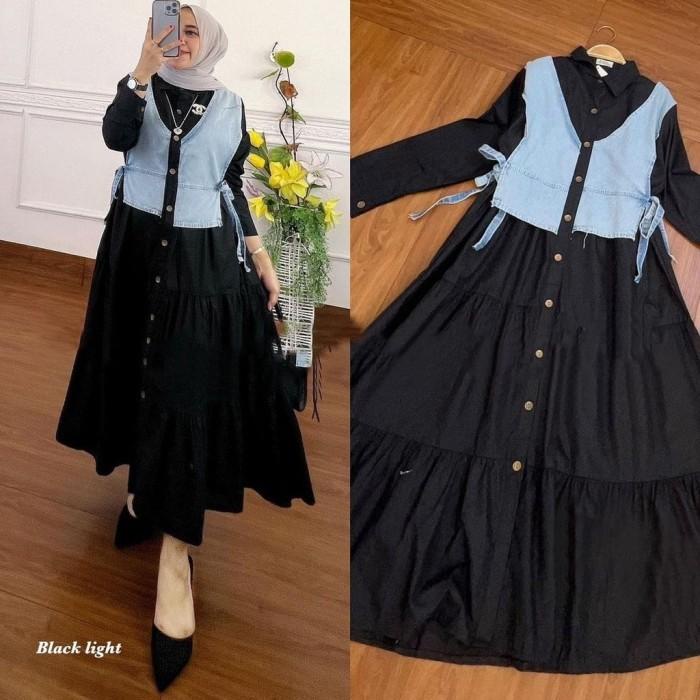 Rasya Midi Midi Dress Muslim Cringkle Flow Mix Jeans 020