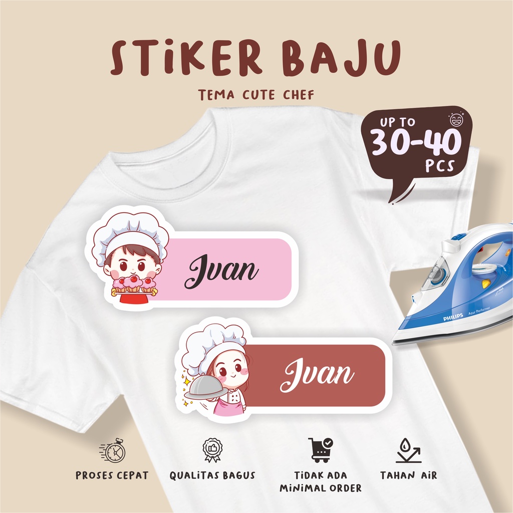 

(30-40pcs)custom Label Baju Nama Anak tema CUTE CHEF / Sablon Setrika Name /Label Sticker Iron on sticker a/
