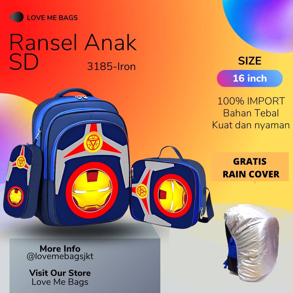 LMB Tas Sekolah Anak Laki Sd Import Set 3 Karakter Superhero Bagian Depan Timbul 6D Bahan Nilon Premium Kuat Dan Tebal