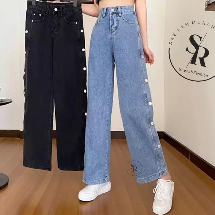 RECOMENDED Kulot Jeans Wanita Kancing Samping Penuh-High waist jeans-Outfit wanita kekinian Saerah F