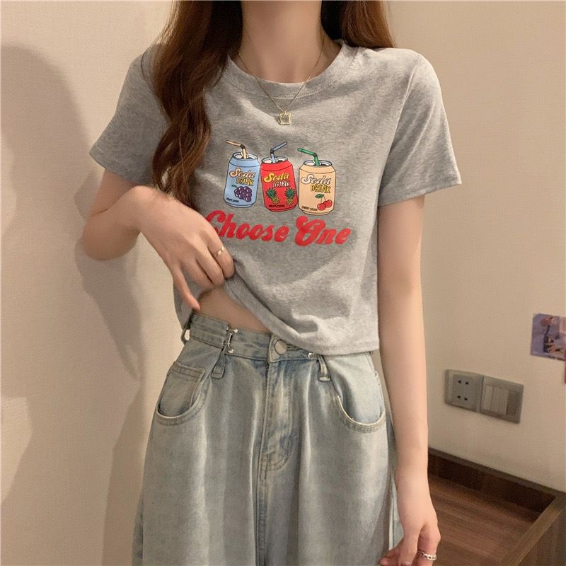 [littlecrab] Crop Top Fruit Soda Drink Choose One Hitam Putih Abu Sablon Colorful Berkualitas Simple Elegan Atasan Kaos Crop Unik Aesthetic Motif Minuman Kaleng Buah Grape Pineapple Cherry Korean Style