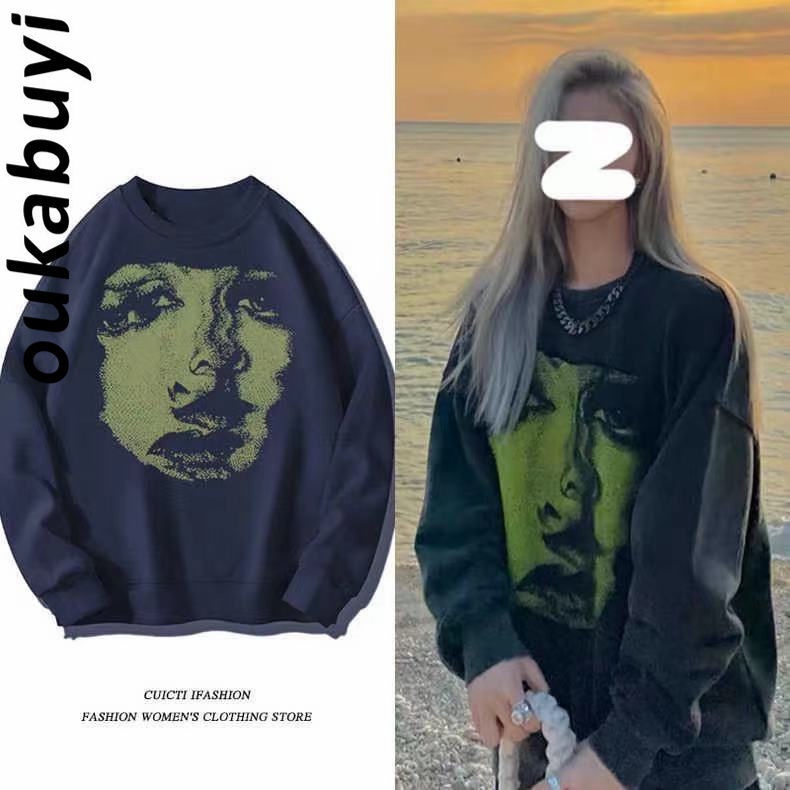 OUKABUYI100% tidak mampu membeli bola American retro face print bagian tipis sweater leher bulat musim semi dan musim gugur atasan baru