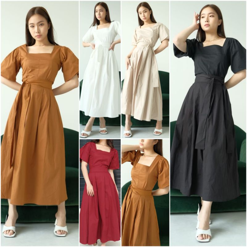 ♡ PREMIUM ♡ ORIGINAL ! ALLEANDRA 3 IN 1 PLAIN  SET SQUARE NECK PUFF SLEEVE BLOUSE WITH MIDI  FLARE SKIRT + OBI BELT