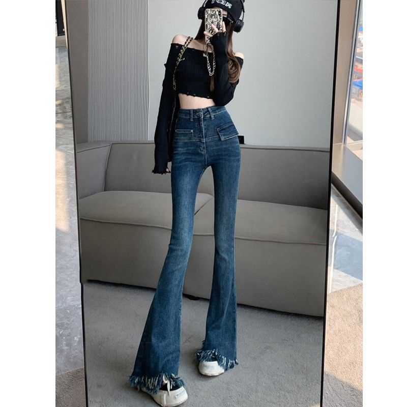 Suhao high-waisted fringed sedikit flared jeans wanita slim fit dan high flared pants desain musim gugur dan musim dingin ditambah velvet mopping pants