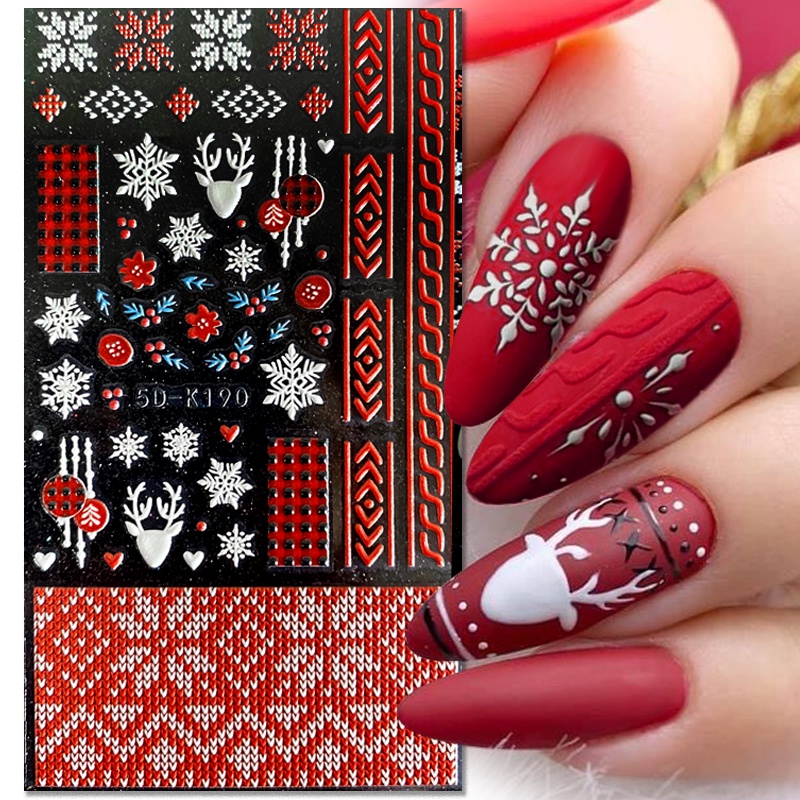 Stiker Kuku Motif Hati Merah Snowflake Santa Claus Natal 5D Untuk Dekorasi Nail Art