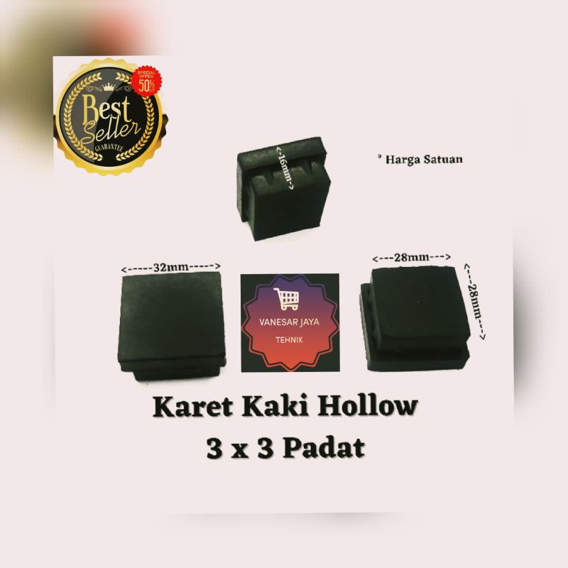 Paket Harga special 4PCS karet kaki hollow 3x3 padat / 28mmx28mm  kaki meja kursi rak besi pipa besi hollow