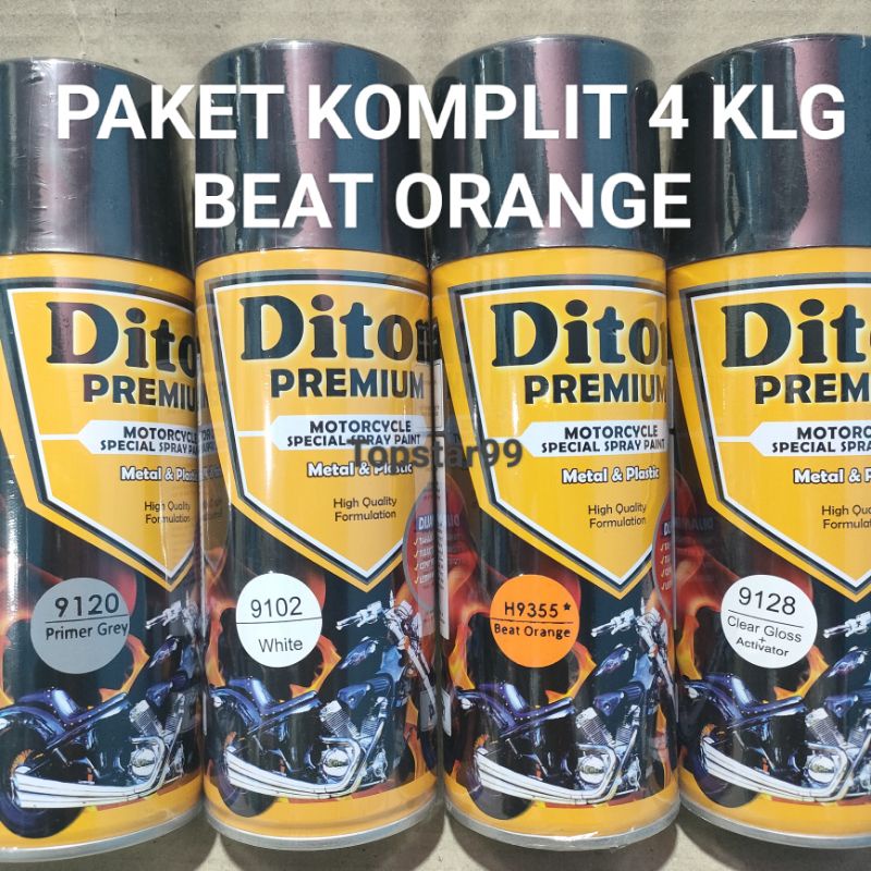 Pilok Cat Diton Premium Paket Komplit 4 Kaleng Beat Orange Oren 9355 Primer Grey 9120 White 9102 Clear Gloss 9128 400cc Pilox Paketan Cat Semprot Special Spray Paint