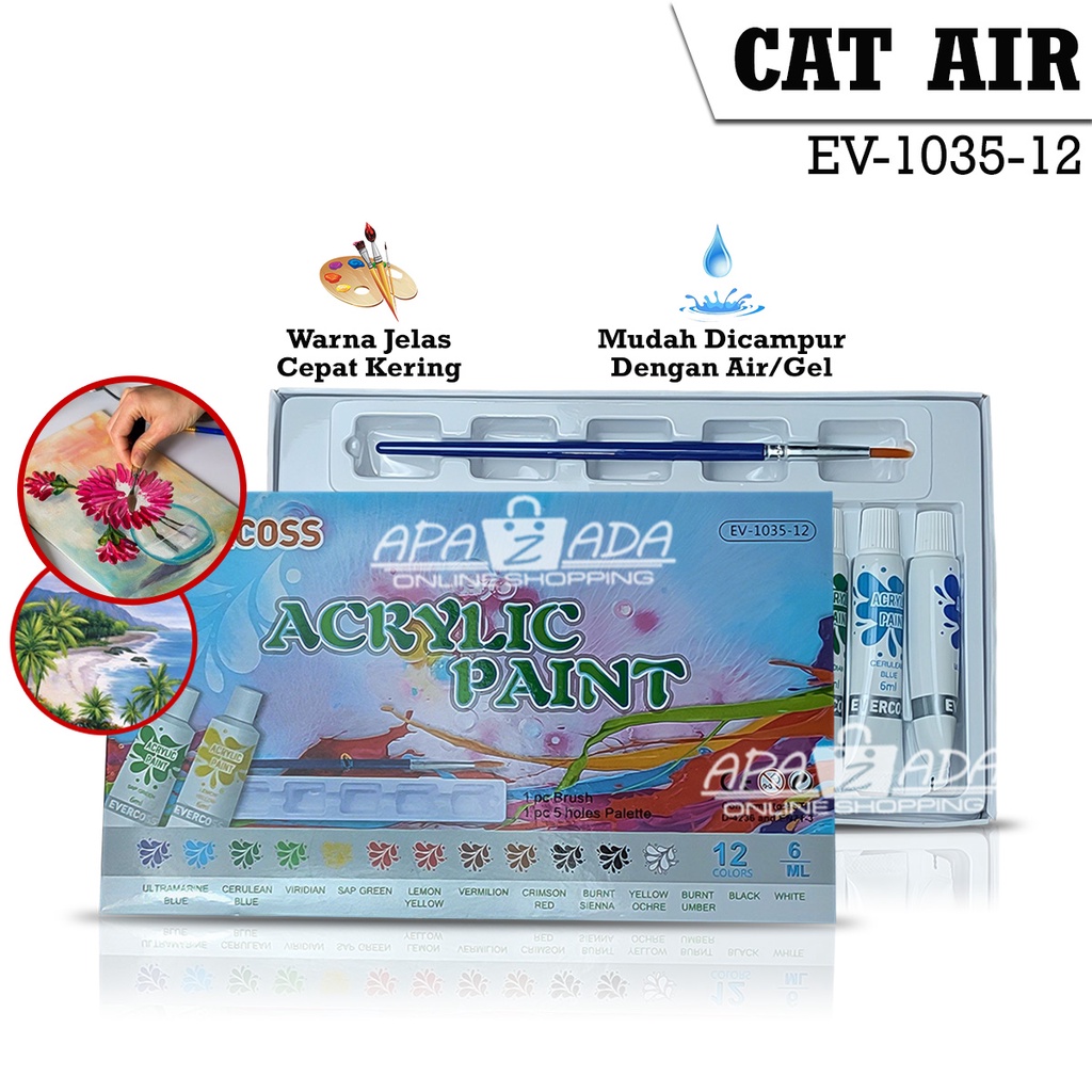 

Apazada - Cat Lukis Akrilik Set Isi 12 Warna / Acrylic Paint Color Evercross EV-1035-12