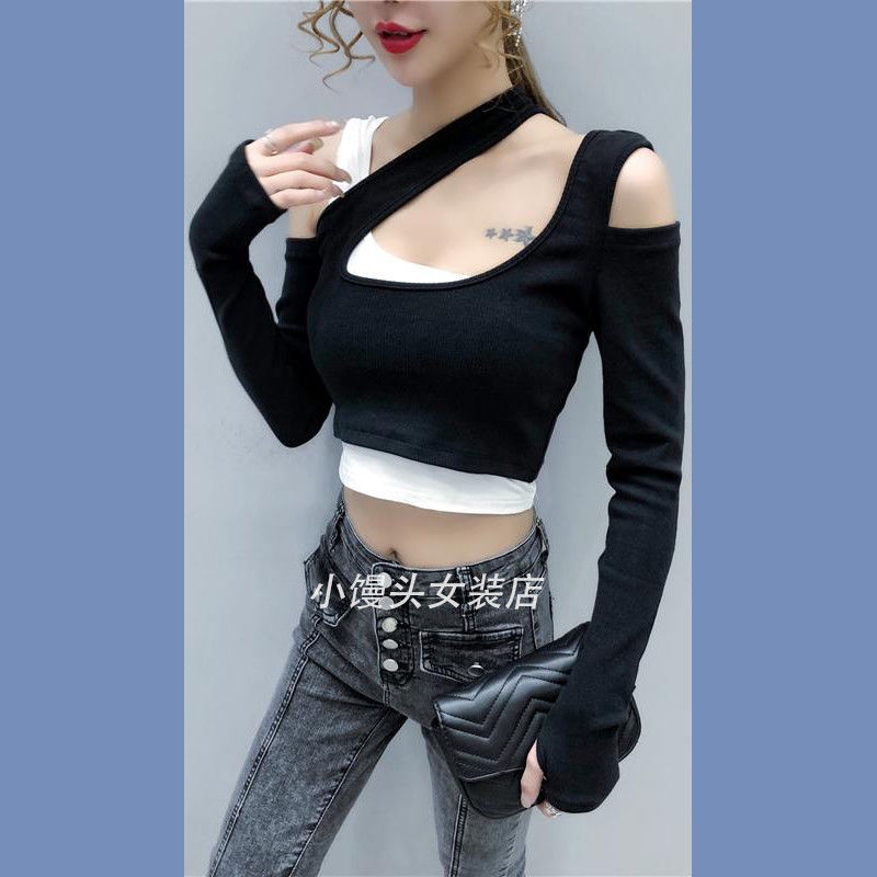 Palsu dua potong desain pendek ramping hati-hati atasan lengan panjang strapless musim gugur dan mus