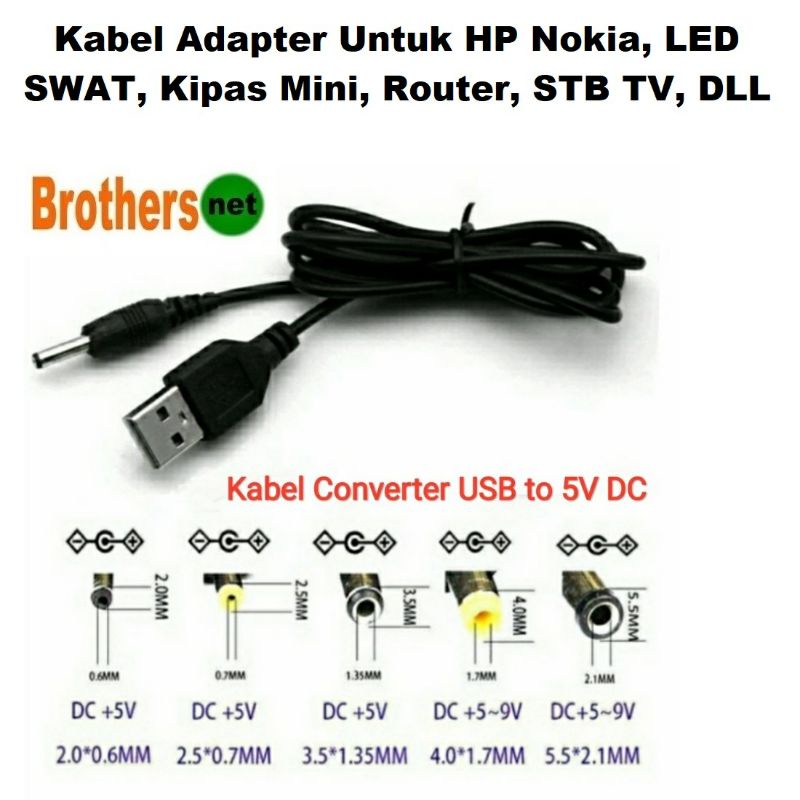 Kabel Converter USB to 5V DC Jack Cas Charger HP Nokia SWAT LED PSP Kipas Mini STB TV