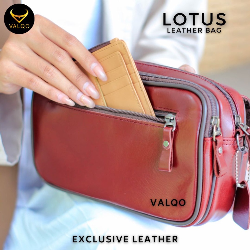 [VALQO] LOTUS Tas Wanita Kulit Sapi Clutch Kulit Pouch Kulit Cewek Perempuan Selempang Bahu