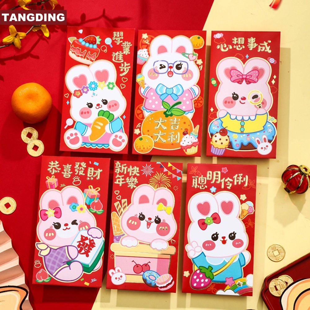 6pcs Amplop Angpao Tahun Baru Cina / Imlek Desain Kartun Kelinci Warna Merah Tipe 3 / 2023