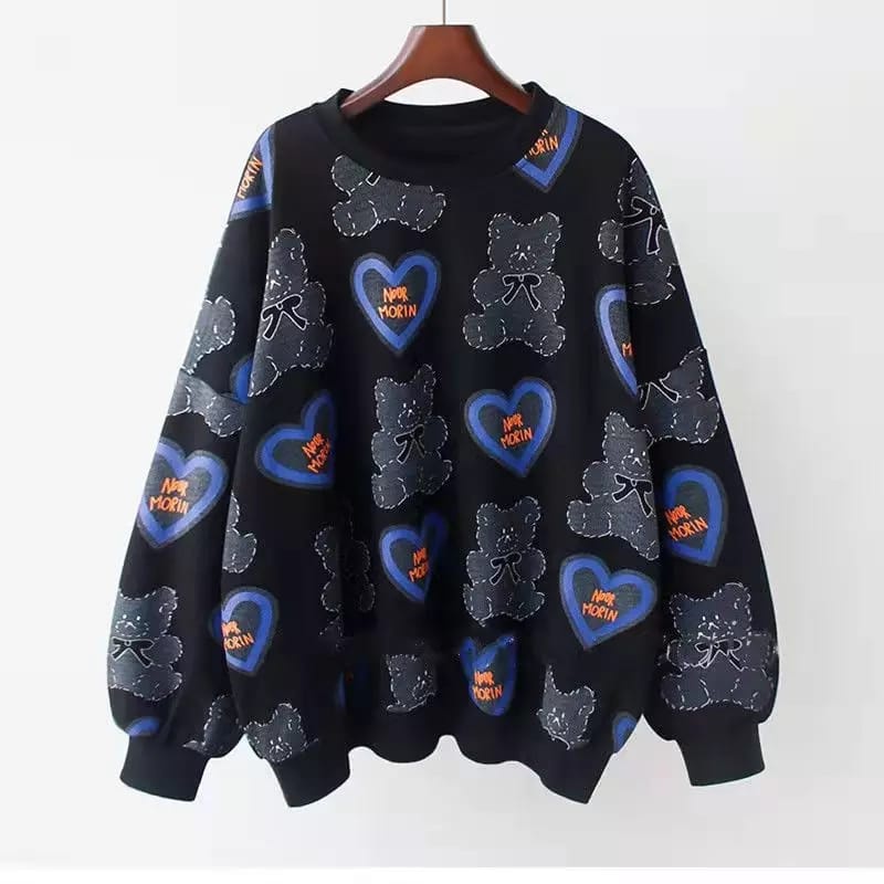 Fullprint Bear Oversize Outerwear Sweater Bear Love Wanita Remaja OOTD Korean Style