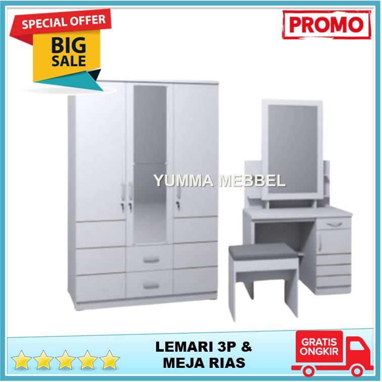 (PROMO) PAKET LEMARI 3 PINTU ROMARO LACI DAN MEJA RIAS WARNA PUTIH ROMARO TERLARIS CIREBON INDRAMAYU