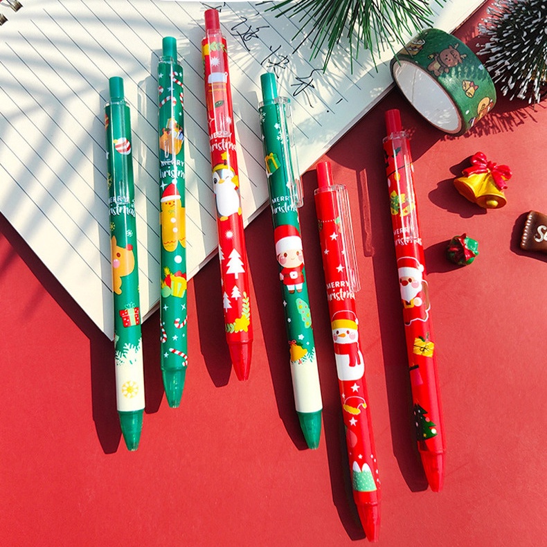 1pc Pen Gel Hitam Motif Print Kartun Rusa / Snowman / Santa Claus Warna Acak Untuk Stationery Sekolah / Kantor