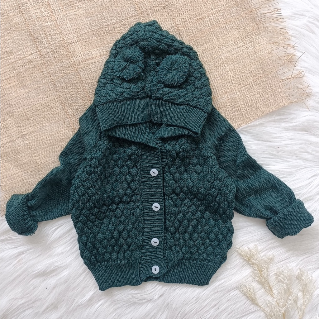 Jaket rajut hoodie pompom popcroon  3- 12 bulan / sweater rajut bayi / cardigan bayi