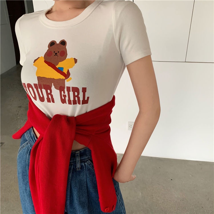 Suhao 100% katun t-shirt pendek wanita musim panas baru versi Korea dari gaya hong kong slim fit dan slim all-match cropped navel short top ins
