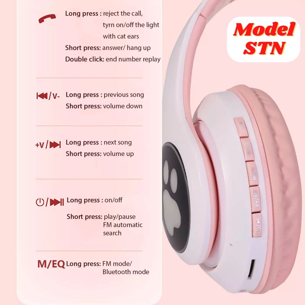 Headphone Gaming Bluetooth Cat Ear Kucing LED - Headset Wireless Free Kabel Jack 3.5mm Extra Bass