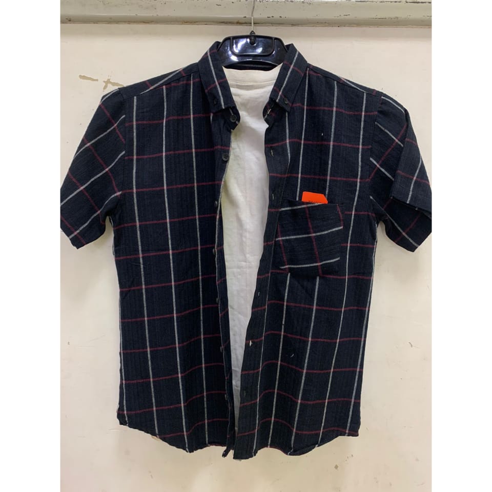 Kemeja kotak pria flanel atasan lengan pendek polos motif