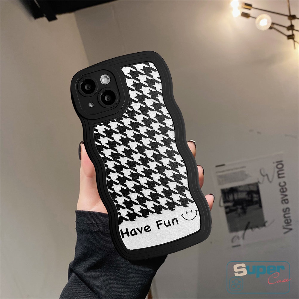 Ins Trend Casing Ponsel Motif Houndstooth Untuk Realme C55 C35 C15 C21Y C12 C11 C25s C25 C25Y 5 5s 6i 5i C3 C1 C20A C20 C11 2021 C20A Smiley Lucu Hitam Bergelombang Edge Case