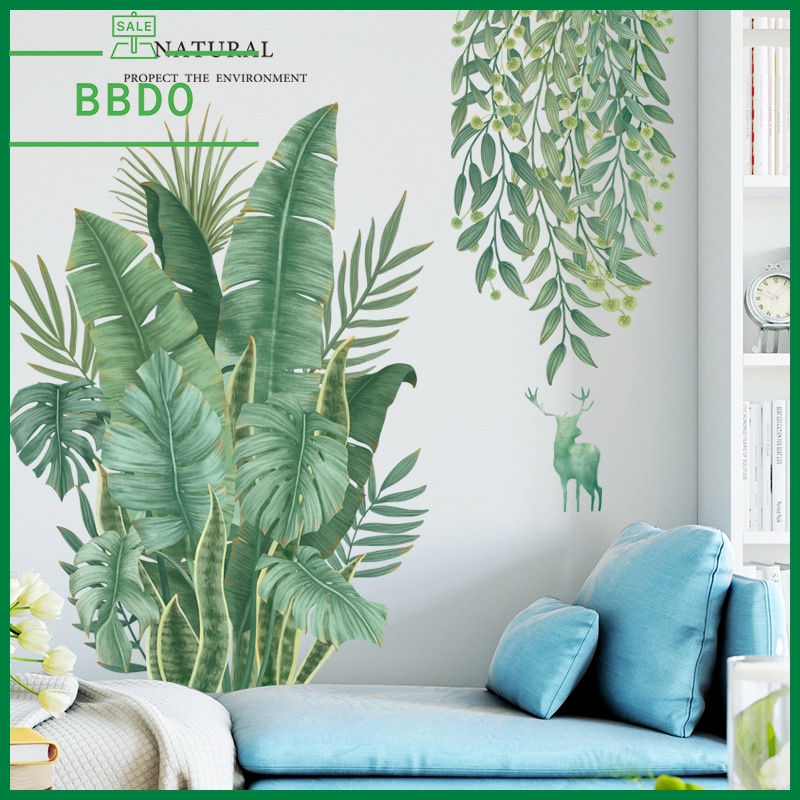stiker dinding kamar tidur lucu aesthetic hiasan dinding motif daun hijau palem wallpaper dinding