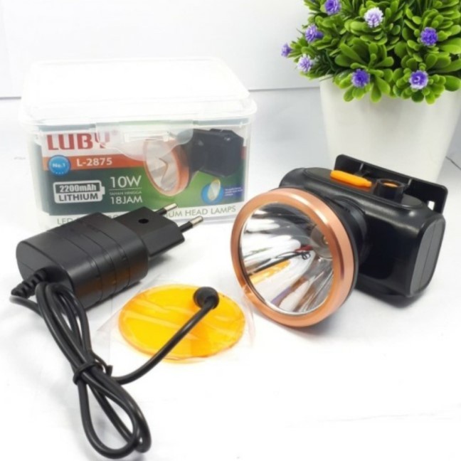 COD Senter Kepala LED Luby 10 Watt L-2875 Headlamp Putih Charger Original