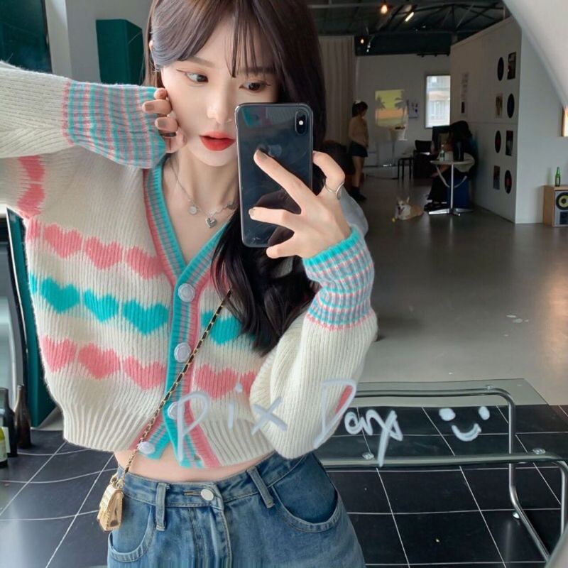 QUEEN SAKURA - Q3707B - PLAYFUL HEARTS KNIT CARDIGAN IMPORT - CARDIGAN RAJUT PREMIUM CASUAL KOREA WA