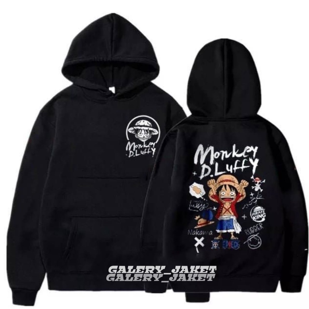 Jaket Sweater Hoodie One Piece Monkey D Luffy Hitam Premium - Sweater Hoodie Anime One Piece Kartun D Luffy Kekinian Bahan Flece Tebal Gramasi 280 Size Lengkap S-M-L-XL-XXL