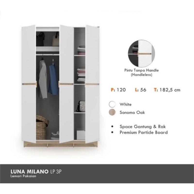 Lemari pakaian 3pintu lemari baju lemari minimalis lemari/wardrobe baju 3pintu/Luna Milano 3p