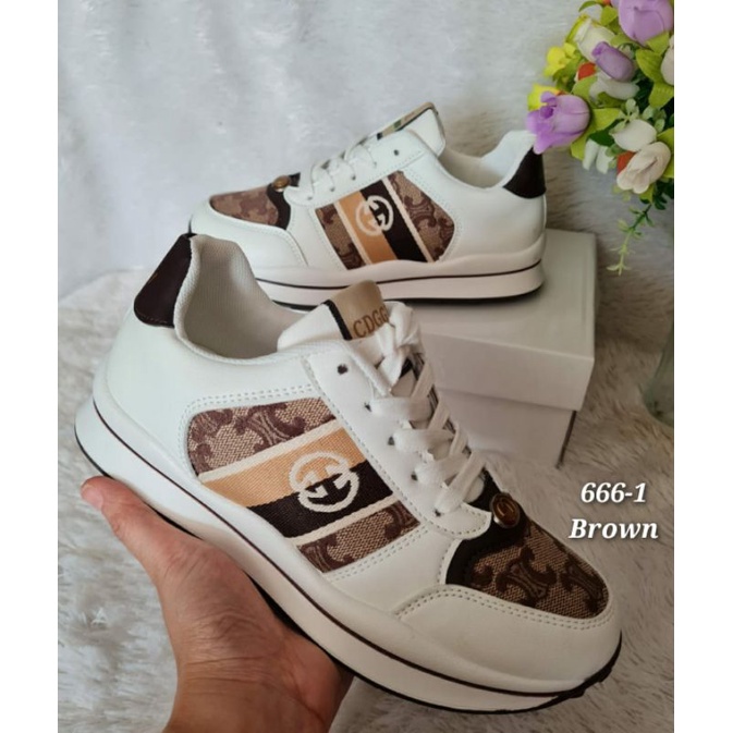 SEPATU WANITA WEDGES IMPORT FASHION GG KULIT-KANVAS KODE : 666 Brown KoDE: 666-1 White