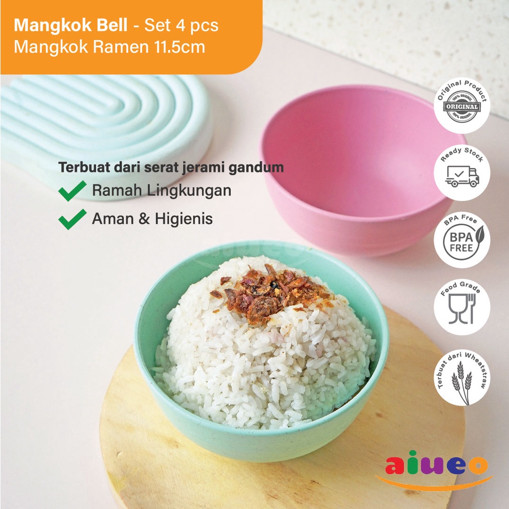 AIUEO Set 4 Pcs Mangkok Prasmanan 11.5cm Mangkuk Wheat Straw Bowl |  Mangkuk Plastik Microwave Warna Warni Set 4 Pcs Aesthetic Estetik Plastik | Mangkok Nasi Cetakan Nasi