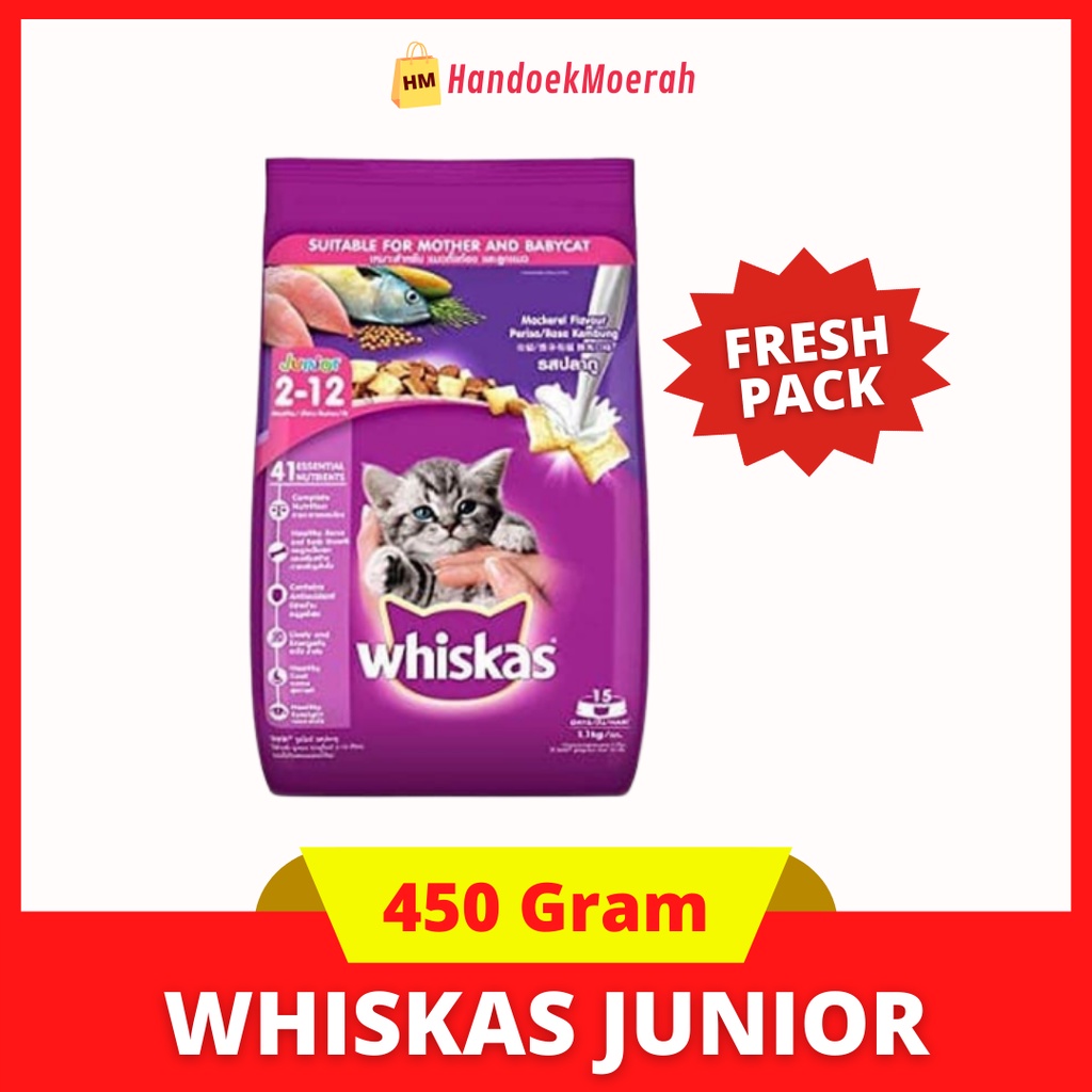 (Freshpack) Makanan Kucing Kering WHISKAS Junior Mackerel with Milk 450 gram / Dry Cat Food Murah